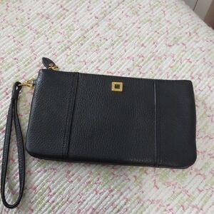 Lodis Black Leather and Gold Zippered Wristlet With Cardholder